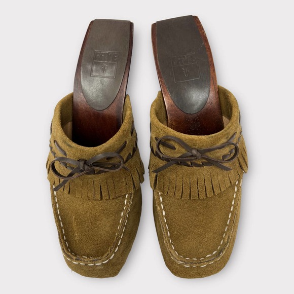 Frye (6.5) Lacey Suede Moccasin Slip-On Mule Heel Clog - Picture 4 of 12